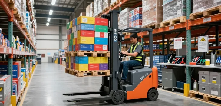 Electric stacker in action lifting pallets in a modern warehouse setting.