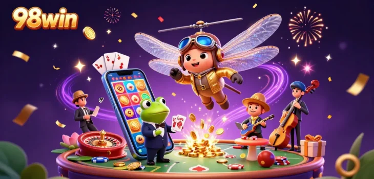 Engage in thrilling gaming at 98win, featuring colorful slot games and a lively scene of characters at a casino.