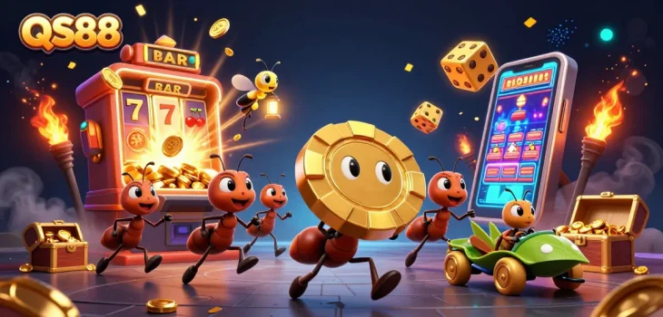 Catch the action with QS88 as ants execute a heist, winning big in this vibrant casino illustration.