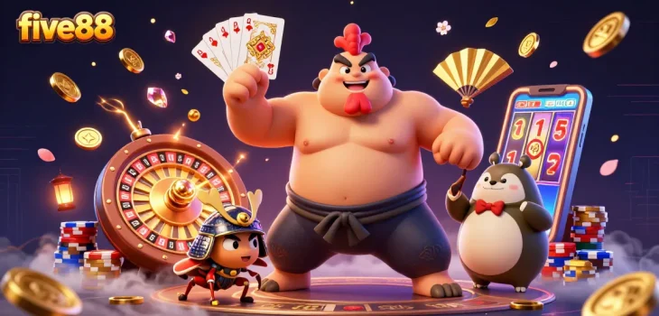 Experience the excitement of five88 with a dynamic 3D casino illustration showcasing unique characters and vibrant gaming elements.