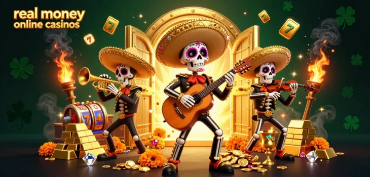 Experience vibrant real money online casinos with animated mariachi skeletons and dazzling treasures.