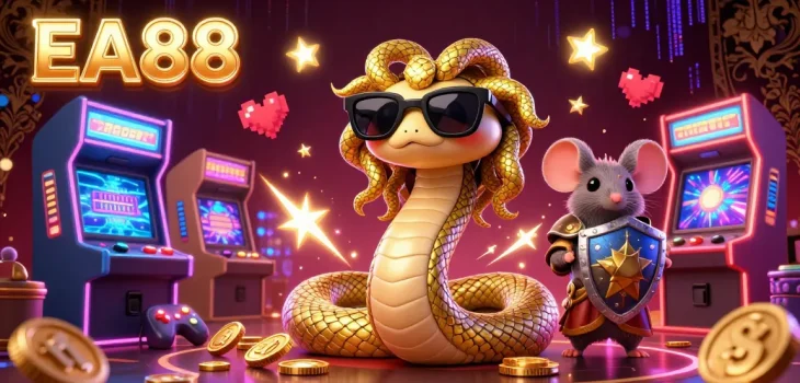 Immerse in EA88's thrilling gaming landscape as Medusa and a warrior mouse explore dynamic arcade machines.