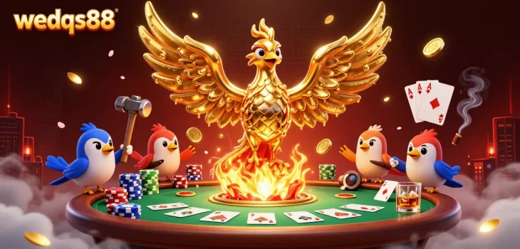 Engage in thrilling gameplay at wedqs88 with a golden phoenix and poker elements in a dynamic casino scene.