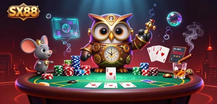 SX88 gaming experience featuring a time-traveler owl and a clockwork mouse in a vibrant casino scene.
